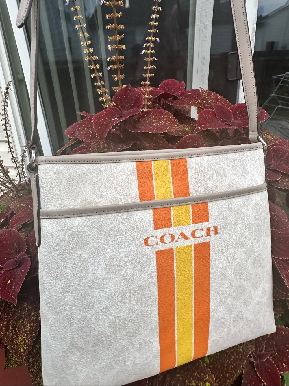 COACH White Canvas Crossbody with Orange and Yellow Stripe